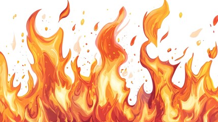 Dynamic, stylized illustration showcases vivid flames rising against a bright white backdrop, displaying fiery orange and red tones with dynamic, flowing shapes and scattered embers creating a...