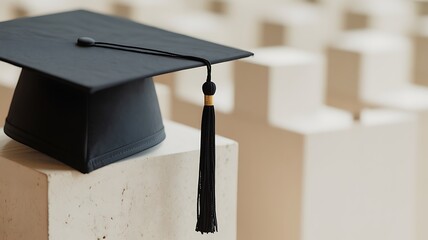 Academic graduation cap with tassel resting on a surface with rows of chairs in the background