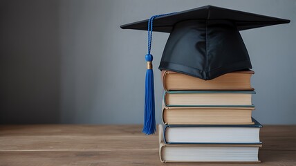 Stack of books topped with a graduation cap and tassel symbolizing academic achievement and education