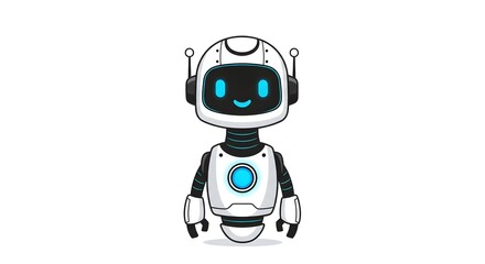 A cheerful cartoon robot with a cute design, perfect for tech and artificial intelligence content, white background, smiling, friendly, illustration