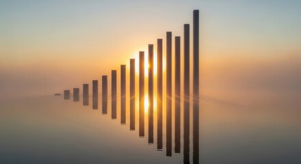 Fototapeta premium A financial bar chart symbolizing growth and progress rises from the misty water, perfectly reflecting the golden sunrise