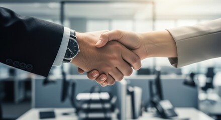 A firm handshake between two business professionals after signing a contract, symbolizing a successful deal and collaboration
