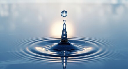 Captivating water droplet impacting a calm blue surface creating concentric ripples of motion
