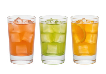 Three colorful cocktails with ice cubes isolated PNG, refreshing summer drinks on transparent background