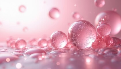Artistic illustration featuring elegant pink exosomes in serene environment. Delicate abstract composition includes sparkles light refractions, soft gentle aesthetic. Ideal for medical science