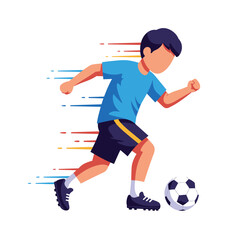 A dynamic vector illustration features a young boy in a blue shirt swiftly dribbling a soccer ball, emphasizing energetic movement and the joy of youth play.