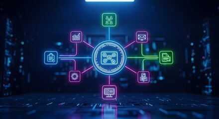 Vibrant futuristic network connecting people and data for streamlined digital transformation and innovation in a modern technology landscape with glowing neon accents