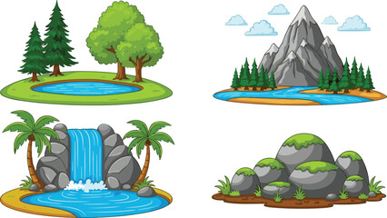 Cartoon landscape illustration with mountains, river, waterfall, rocks, trees and nature background, outdoor scenery elements for forest and adventure design