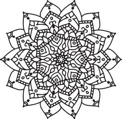 Intricate black and white mandala pattern, circular geometric design, detailed ornate shapes, abstract floral motif, sharp angular elements, complex overlapping forms, zentangle inspired art