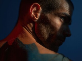 : Cinematic close-up studio portrait of a buzz-cut man with a tattooed neck and textured, slightly wet skin, wearing a red shimmering cape against a blue background; dramatic lighting and copy space.