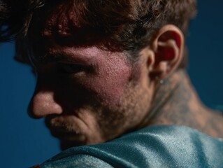 Cinematic side-view portrait of a man with messy hair, earring and neck tattoos wearing teal textured fabric; strong shadows, blue background, intense mood and copy space.