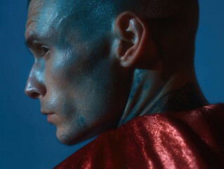 Close-up studio portrait of a buzz-cut man with a tattooed neck and textured, slightly wet skin, wearing a red cape against a blue background; dramatic lighting, moody tone, ample copy space.