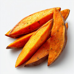 A close up shot of a pile of seasoned sweet potato wedges on a white surface in a studio setting