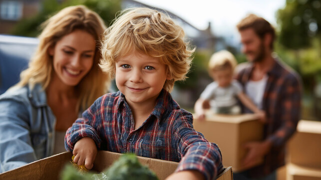Happy young family with little packing stuff into the car and smiling while standing near house, under gentle natural light, showcasing joyful teamwork and homey backdrop, serene o