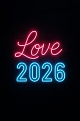 Bright neon sign reading "Love 2026" in red and blue glowing lights, perfect for Valentine or romantic celebration themes.