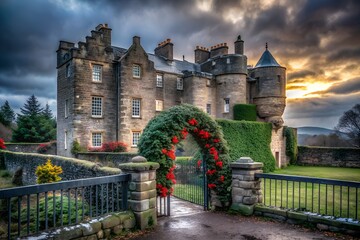 A historic stone castle with a grand arched entrance covered in lush green ivy and red flowers, set against a dramatic cloudy sky at sunset with a fence in the foreground