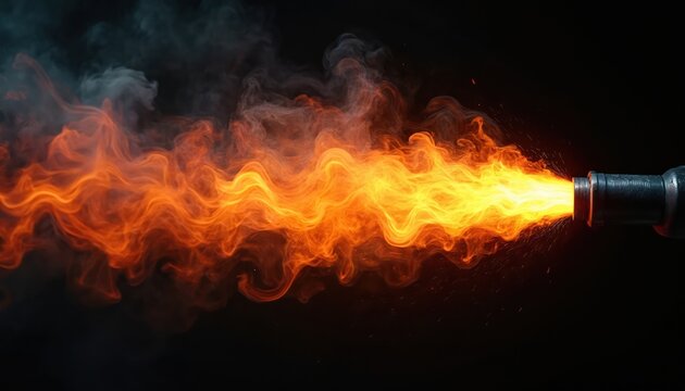 Bright orange yellow flame bursts from black nozzle against dark background. Hot fire stream shoots out with intense energy, sparks. Smoke rises above powerful burning blaze, showing danger, heat,