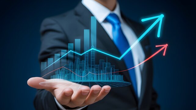 Businessman holding a futuristic digital graph showing financial growth and success