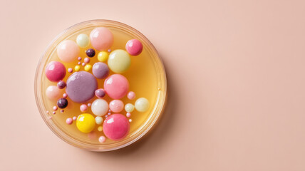 Obraz premium Colorful bacteria colonies in a petri dish, a visual representation of scientific discovery. A vibrant arrangement of microorganisms, hinting at research and experimentation