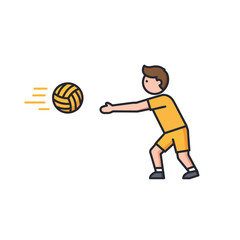 A clean vector illustration shows a young male in yellow sportswear actively playing volleyball, expertly hitting or blocking the ball during a competitive match.
