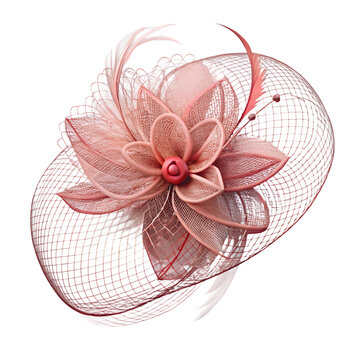 A delicate rose gold fascinator hat with a large floral embellishment, feathers, and netting, perfect for weddings or special events, isolated on a transparent background