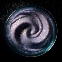 Abstract top-down shot of collagen powder swirling like a galaxy inside transparent glass, macro photography, luminous particles, surreal beauty concept, square composition