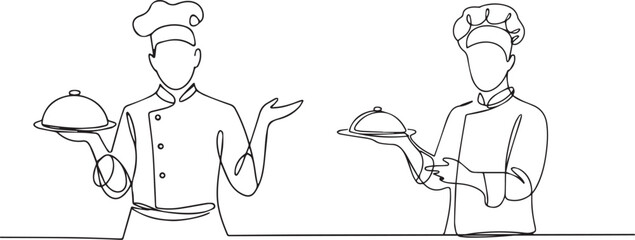Two chefs in uniform holding a dish isolated on white background drawing