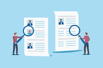 Two recruiters examine resumes using magnifying glasses to find the best candidate for a job