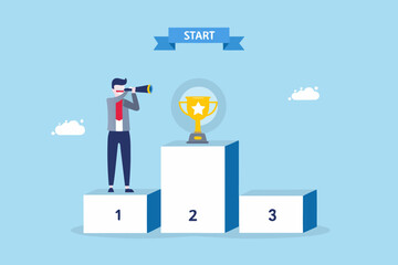 Businessman with spyglass on podium looking towards a trophy symbolizing future success and achievement