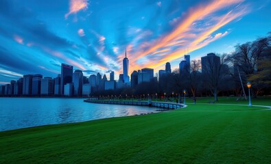 Close up of green wooden bench in urban park during sunset time empty wooden bench in the city park parks summer landscape outdoor green perfect viewpoint highly detailed wide-angle lens hy