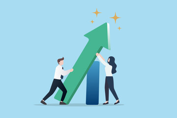 Fototapeta premium Teamwork and collaboration to achieve business growth and success with upward trending arrow