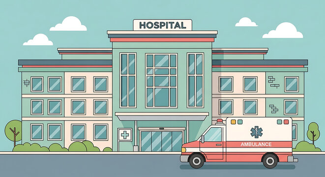 Cartoon illustration of a hospital building with an ambulance parked in front, set against a light blue sky with fluffy clouds. - Powered by Adobe