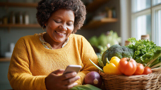 Beautiful plus size African woman using smart phone while enjoying healthy eating for lunch at home, under gentle natural light, showcasing vibrant meal and tech engagement, serene