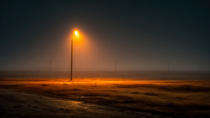 Lonely streetlight glowing in misty night field with cinematic atmosphere