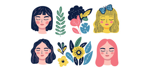 vector illustration art set of female portraits