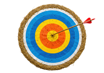 Archery target with arrow in bullseye isolated PNG, colorful concentric circles on transparent background