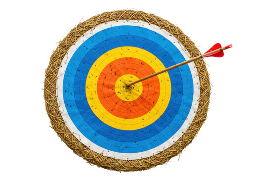 Archery target with arrow in bullseye isolated PNG, colorful concentric circles on transparent background