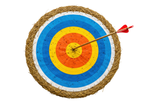 Archery target with arrow in bullseye isolated PNG, colorful concentric circles on transparent background