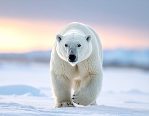 A lone polar bear walking across icy terrain under soft twilight sky