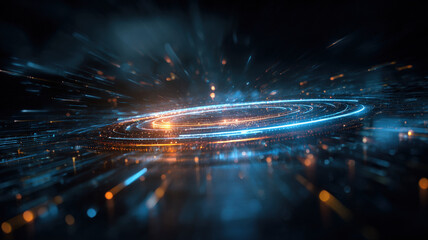 Futuristic Cryptocurrency Blockchain Network Visualization with Glowing Digital Ring Over City Skyline at Dramatic Night Sky