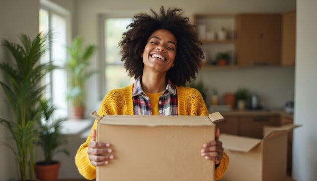 Happy Black woman holds cardboard box inside a new apartment. Smiling person prepares for unpacking or moving day. Female carries package in home.