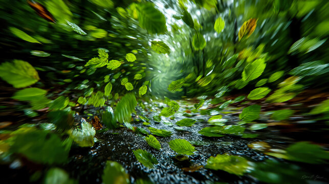 Green leaves swirling in forest motion blur with vibrant energy