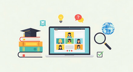 Virtual Online Learning Conference Concept with Students Engaging in Remote Education and Collaboration