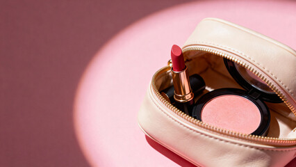 Makeup in cosmetic bag on pink background