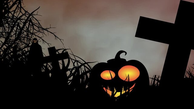 Pumpkins in the bushes watched by a mysterious ghost behind the trees