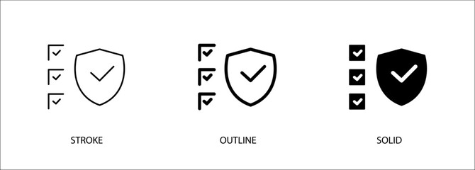 Shield icon with checkbox for safety, inspection, quality control. Editable vector stroke, outline and solid icon. Eps10 file.