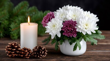 Burning candle and chrysanthemums creating rustic winter decoration