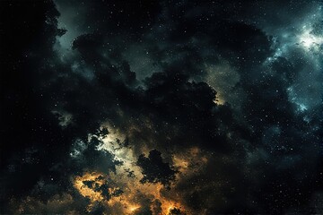 Obraz premium A dramatic night sky filled with dark, swirling clouds illuminated by golden light and scattered stars — evoking mystery, depth, and cosmic wonder.