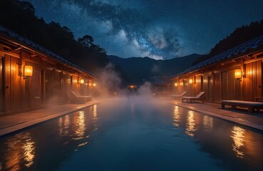 Fototapeta premium Japanese onsen hot spring under starry night sky. Steam rises from calm water pool. Wooden buildings with warm lanterns line sides. Lounge chairs await guests. Mountains loom in distance. Quiet spa