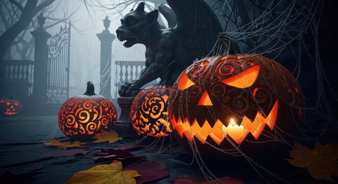 Mysterious halloween night scene with carved pumpkins and gothic architecture backdrop - Powered by Adobe